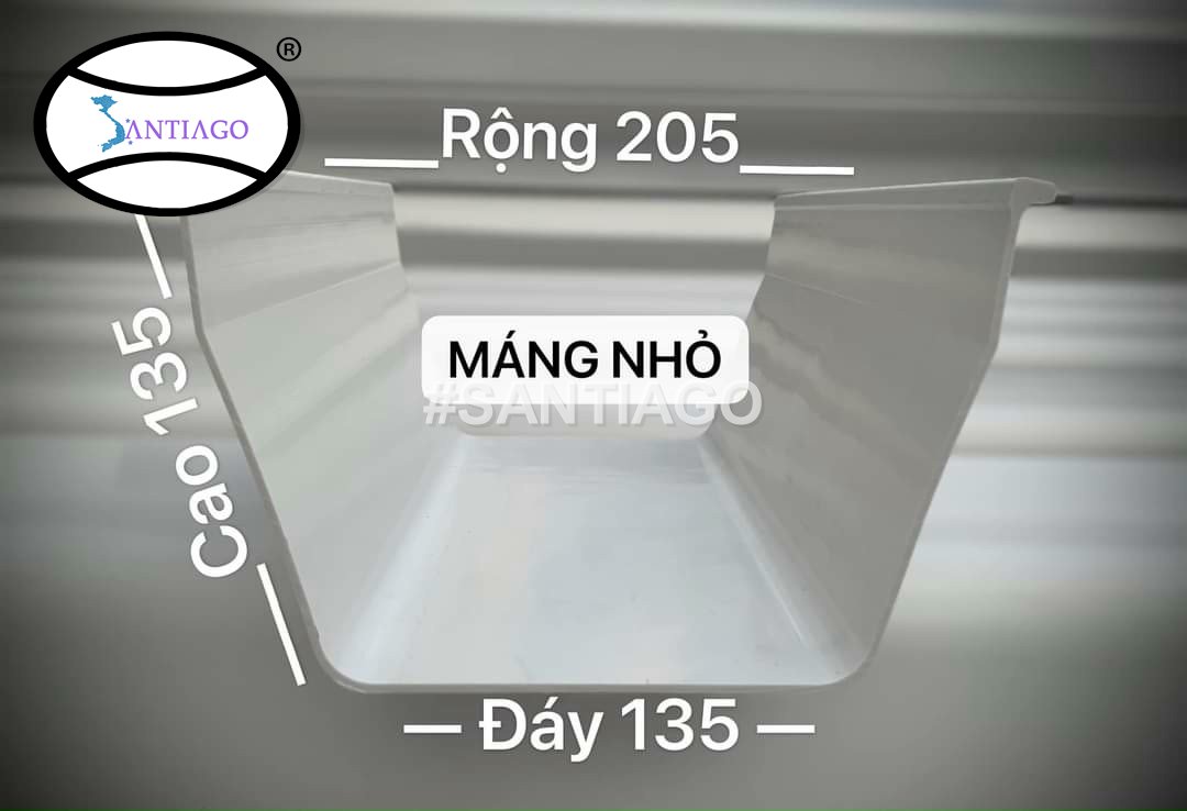 Mặt cắt máng xối nhựa nhỏ: đáy 135 mm, cao 135 mm, rộng 205 mm
