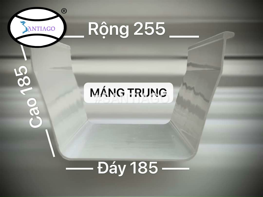 Mặt cắt máng xối nhựa trung: đáy 185 mm, cao 185 mm, rộng 255 mm