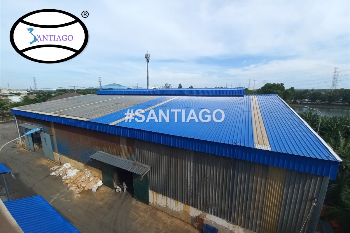 Mái nhà kho lớn lợp tôn nhựa Santiago màu xanh dương